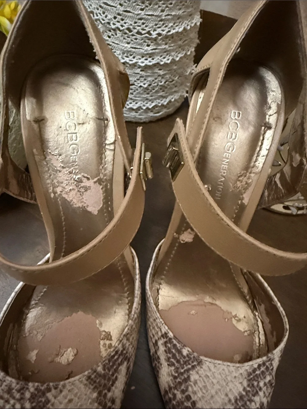 BCBG Pointed-Toe Snakeskin-Print Mary Jane Heels in Tan